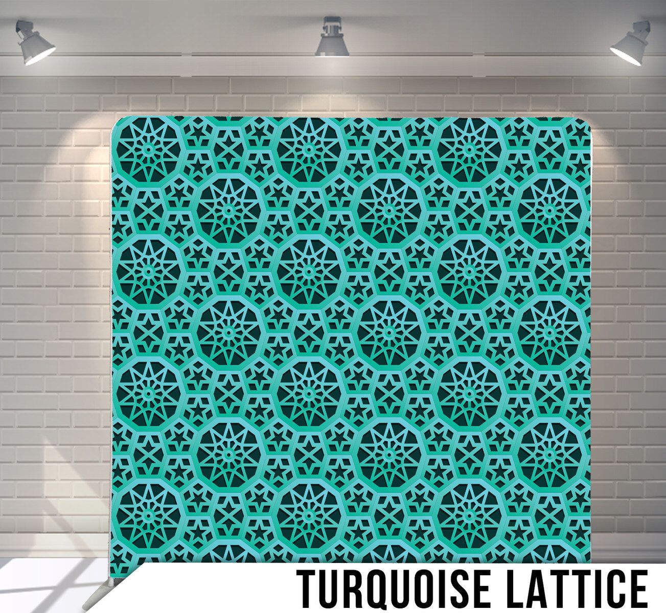 Geometric turquoise pattern featuring repeating circular floral mandala designs on a teal background.