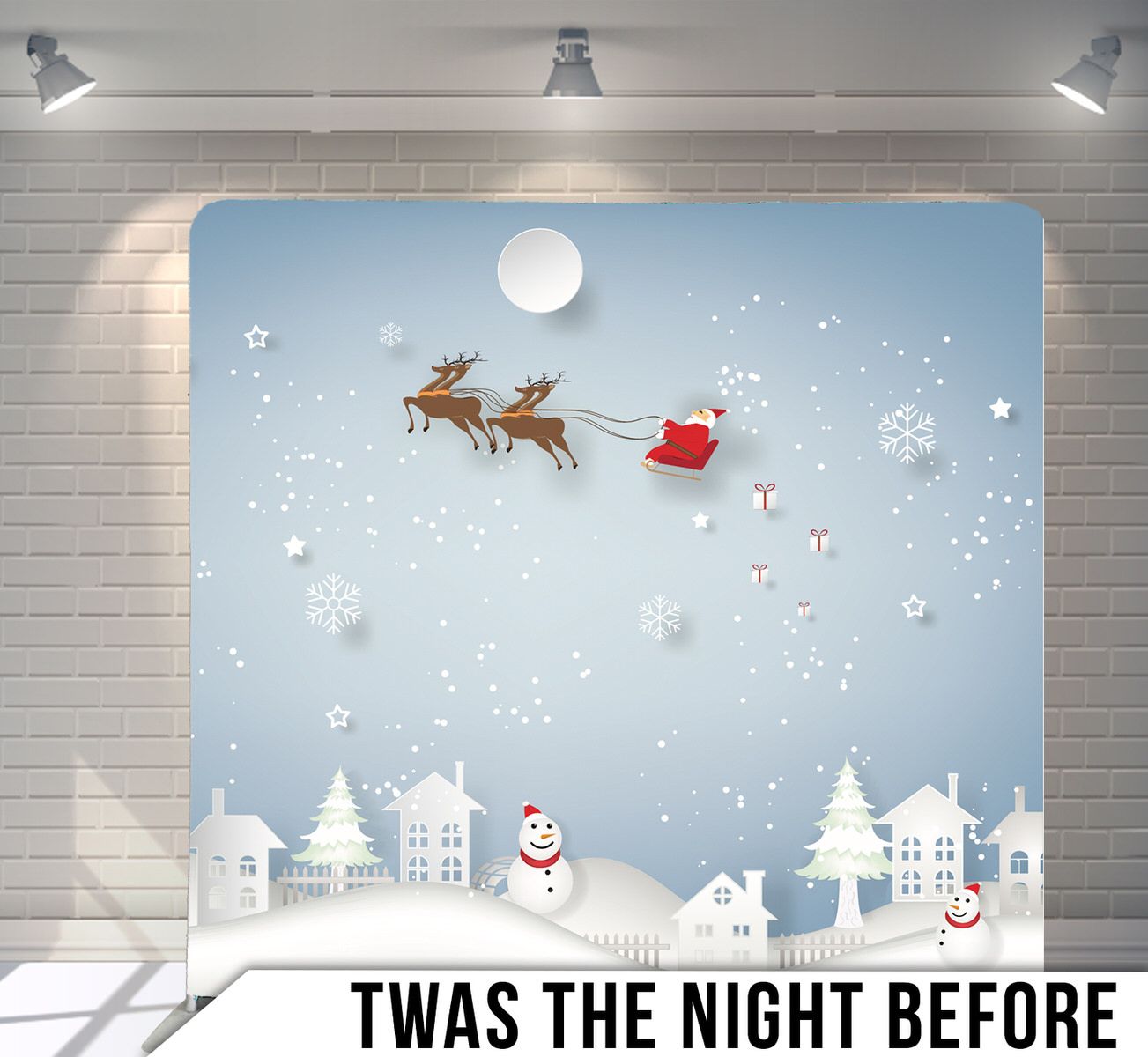 Whimsical winter scene with Santa's sleigh flying over snowy village houses beneath a full moon.