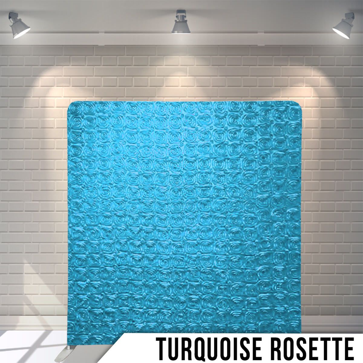 Vibrant turquoise rosette pattern backdrop displayed against white brick wall with dramatic lighting.