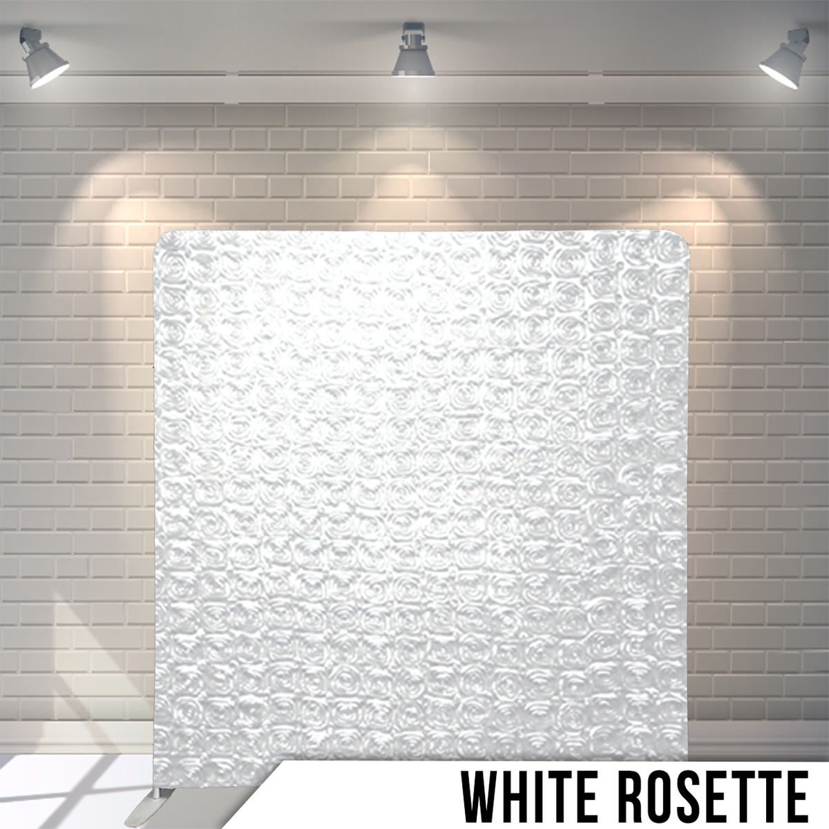 Pure white rosette textured backdrop panel illuminated by overhead gallery lighting.