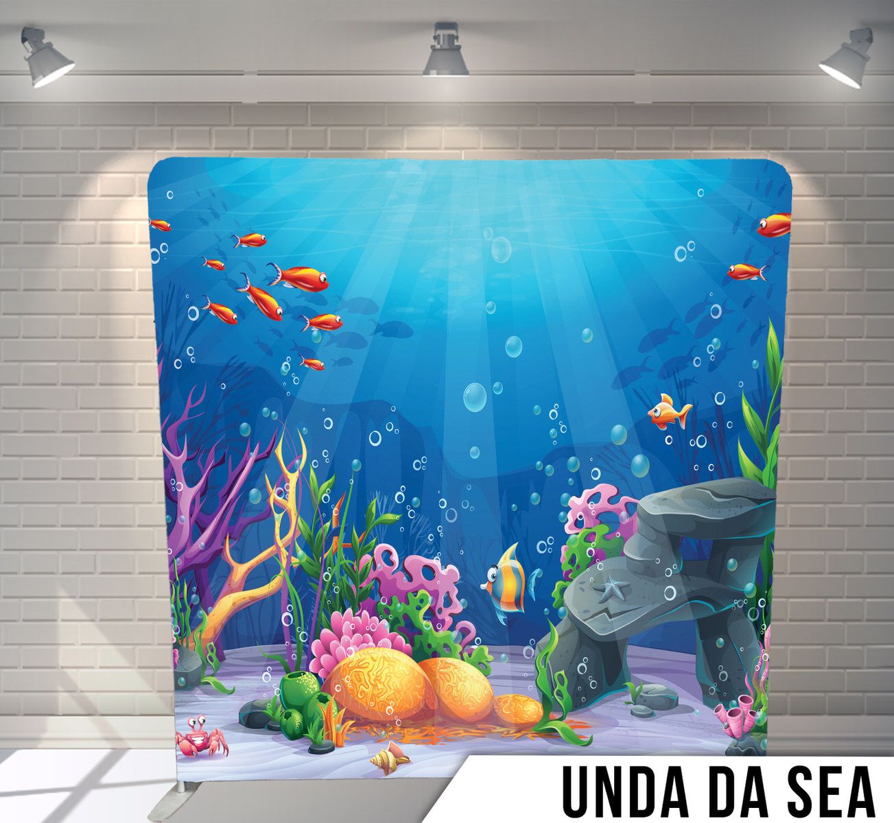 Underwater scene with colorful fish, coral reefs, and marine plants in vibrant blue ocean depths.