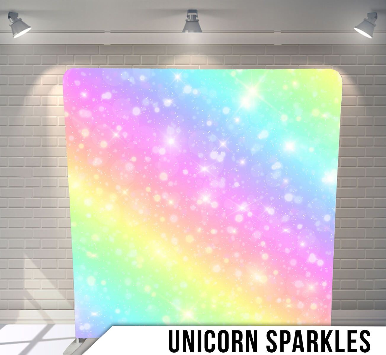 Magical rainbow gradient background with sparkling stars and glitter effect.