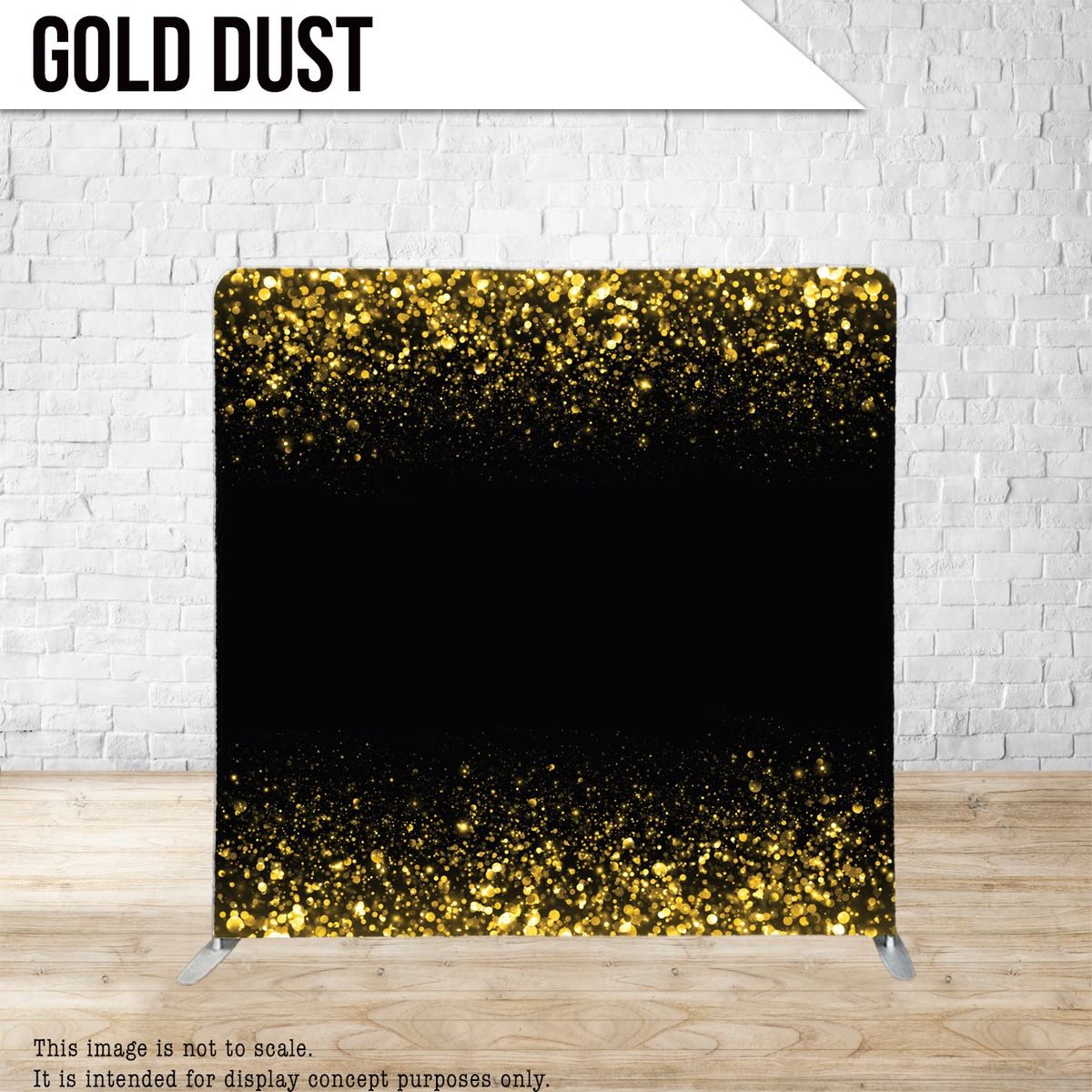 Black backdrop with shimmering gold glitter border effect.