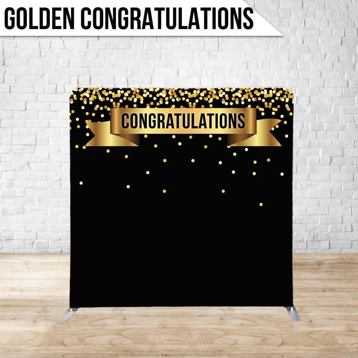Black backdrop with gold confetti and congratulations banner design.
