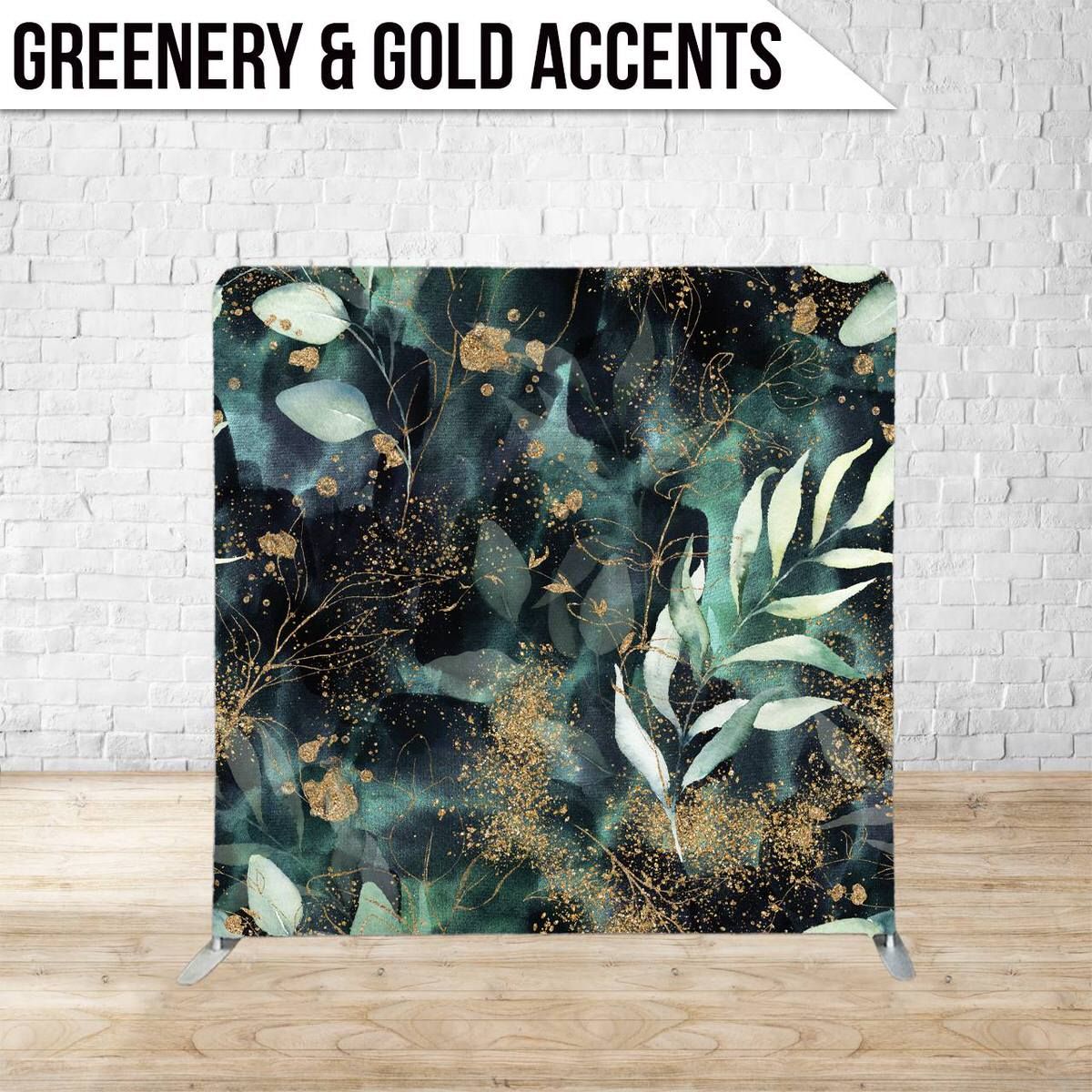 Elegant teal and gold botanical backdrop with leaves and abstract patterns.