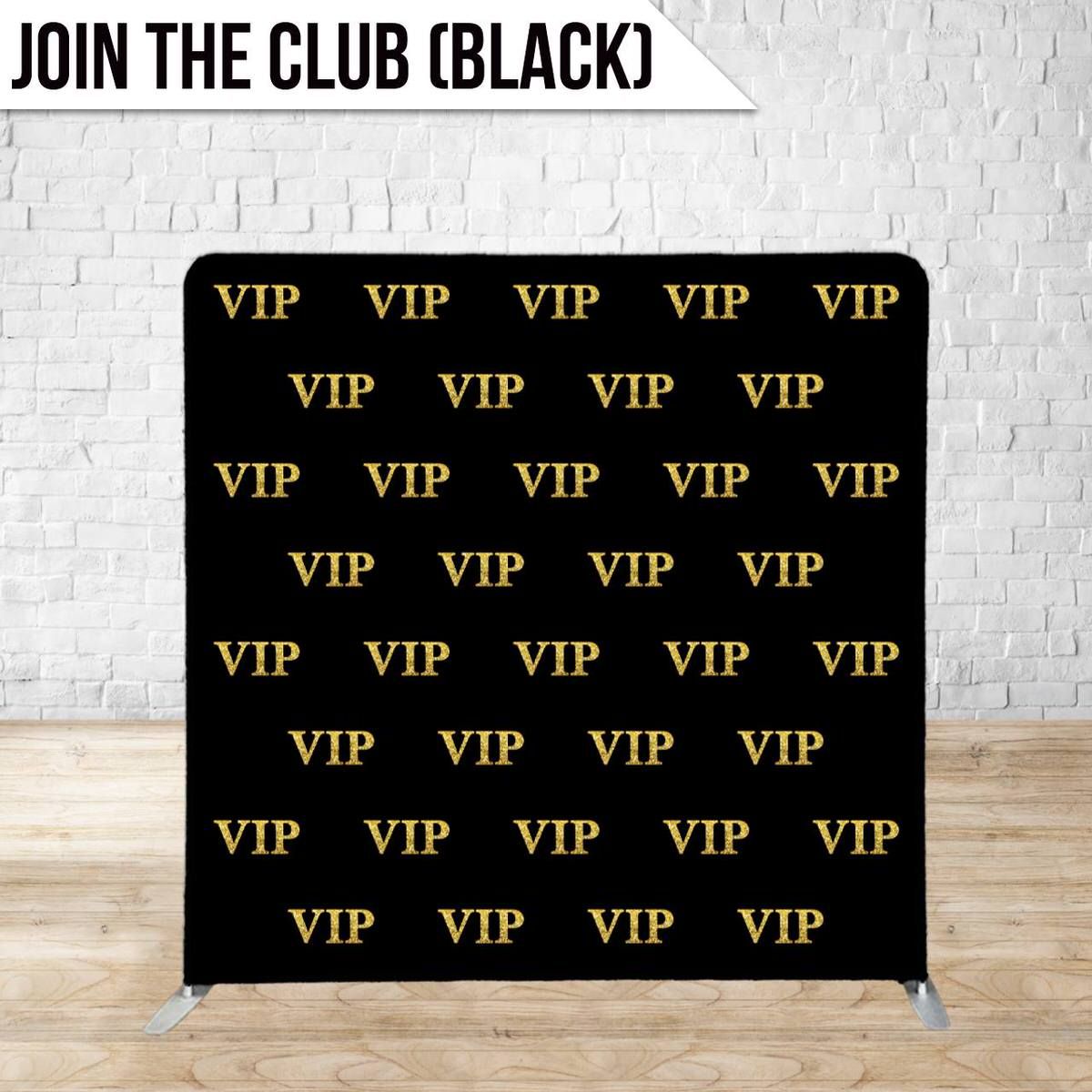 Black backdrop with repeating gold VIP text pattern for exclusive events.
