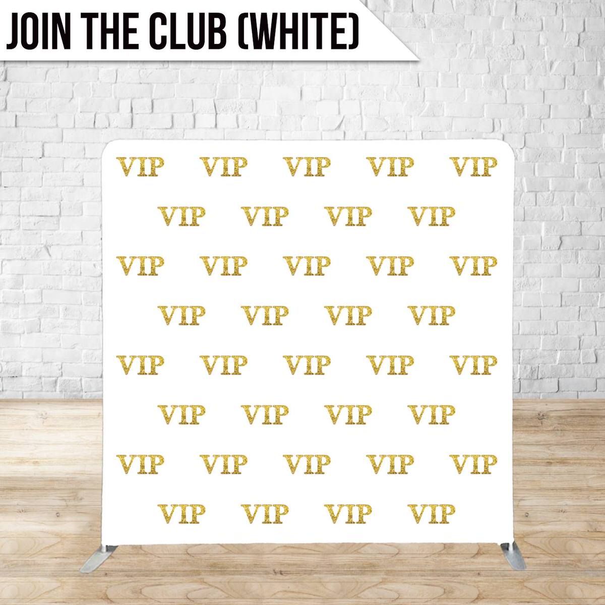 White backdrop with repeating gold VIP text pattern creating an elegant design.