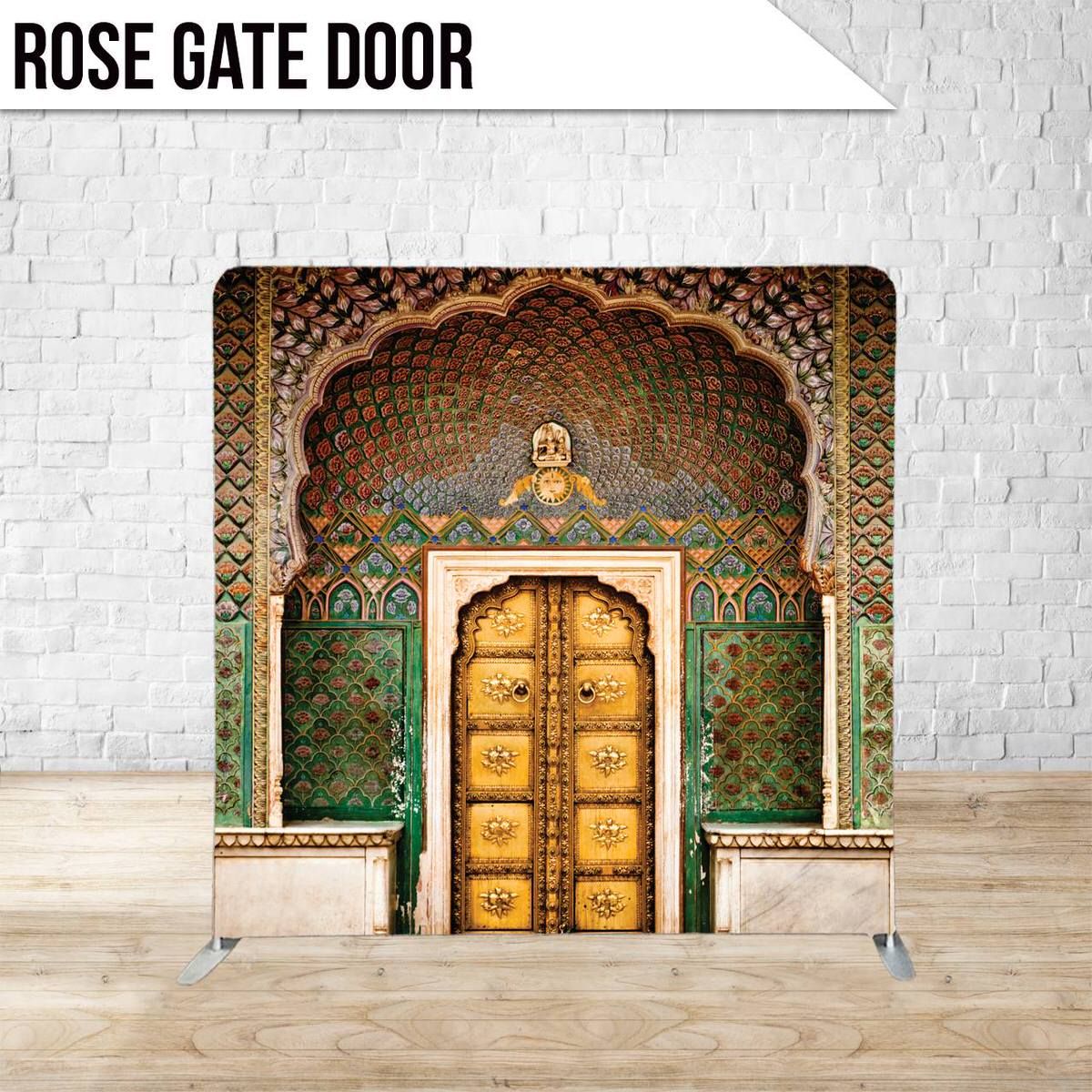 Ornate golden palace door with intricate turquoise architectural details in Indian style.