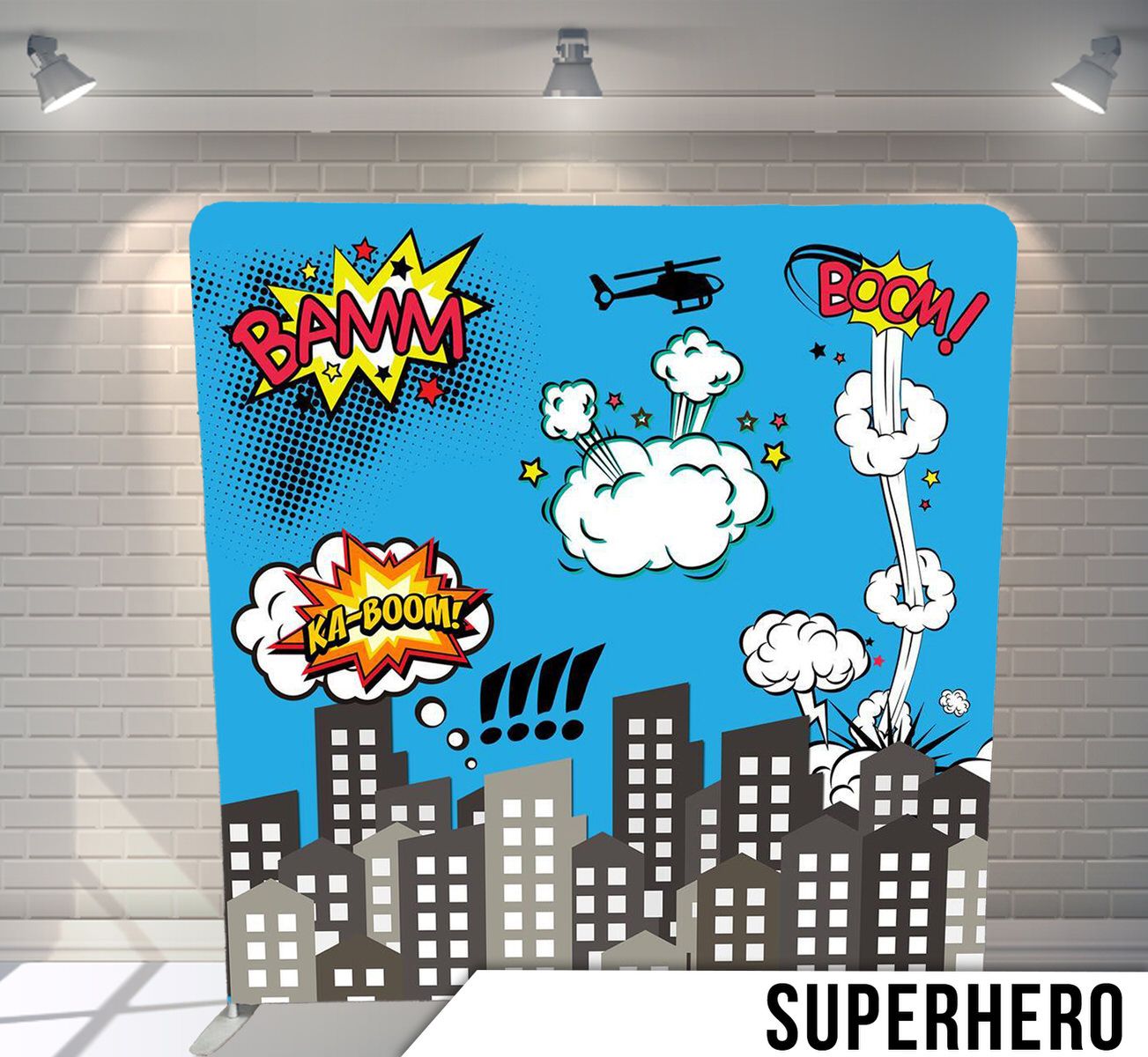 Comic book style cityscape with explosion effects, clouds and helicopter against blue sky.