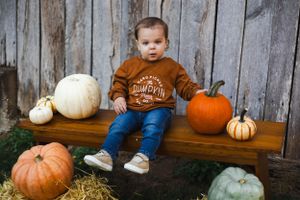 A small child sits on a wooden bench surrounded by various colorful pumpkins and gourds in a rustic fall setting.