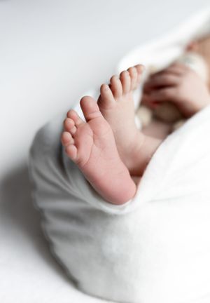 Close up of tiny baby feet wrapped in soft white blanket.