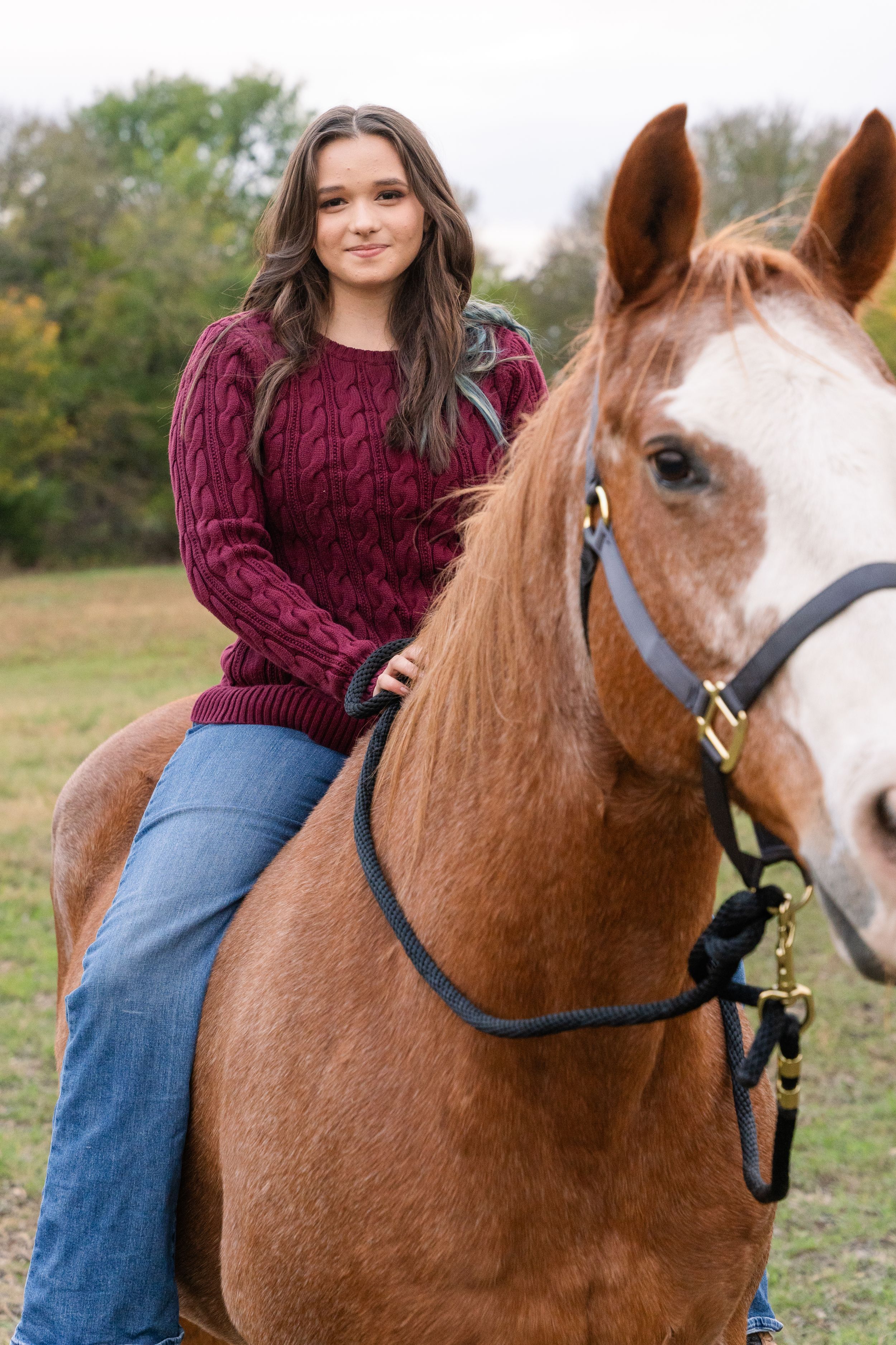 Horse photoshoot at a field in Keller, Texas. Girl sits on a brown horse with trees in the distance as they both look straight ahead.