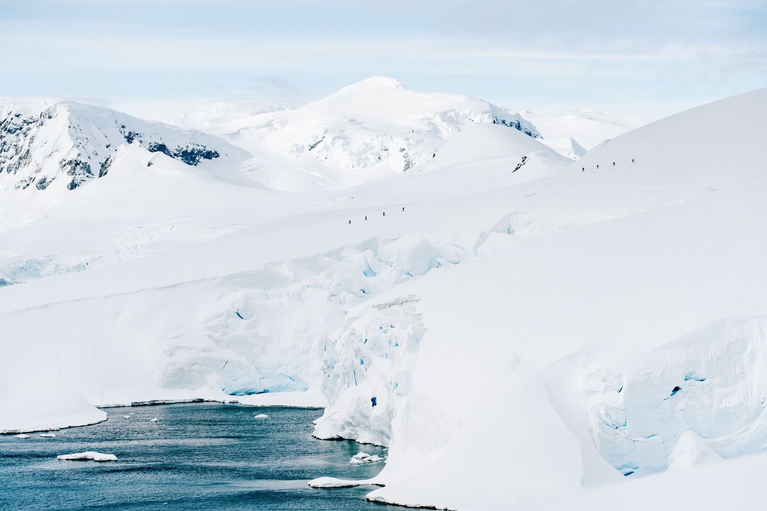 Skiers overlooking a breathtaking icy landscape in Antarctica