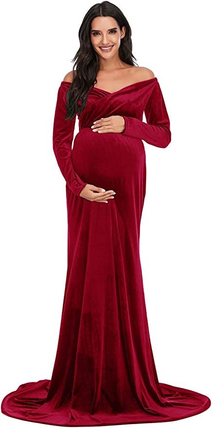 Velvet Maternity Off Shoulder Fitted Photography Gown Long Sleeve Maxi Photo Shoot Baby Shower Dress