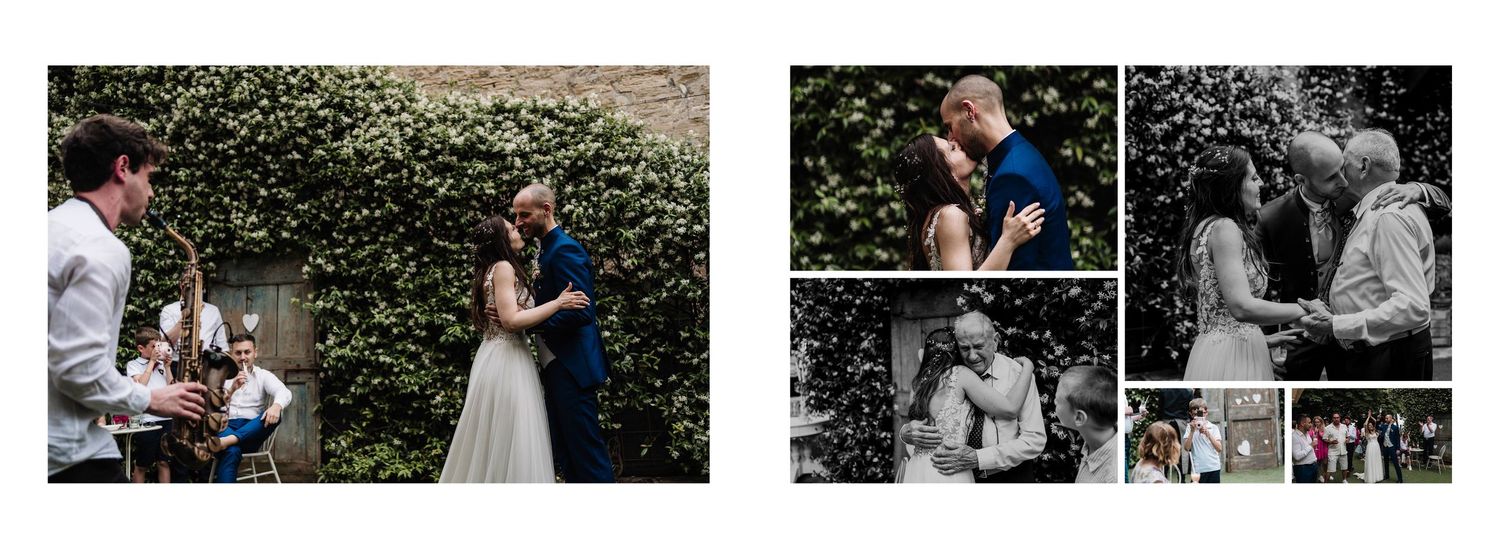 Newlyweds share romantic moments outdoors while guests celebrate with confetti in black and white wedding photos.
