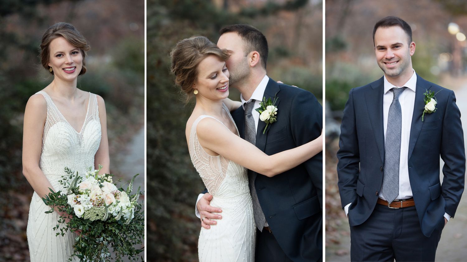 Elegant outdoor wedding photography session featuring formal attire and floral bouquet.