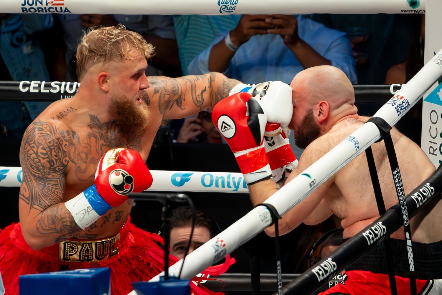 Jake “El Gallo de Dorado” Paul throws a right at Ryan Bourland.