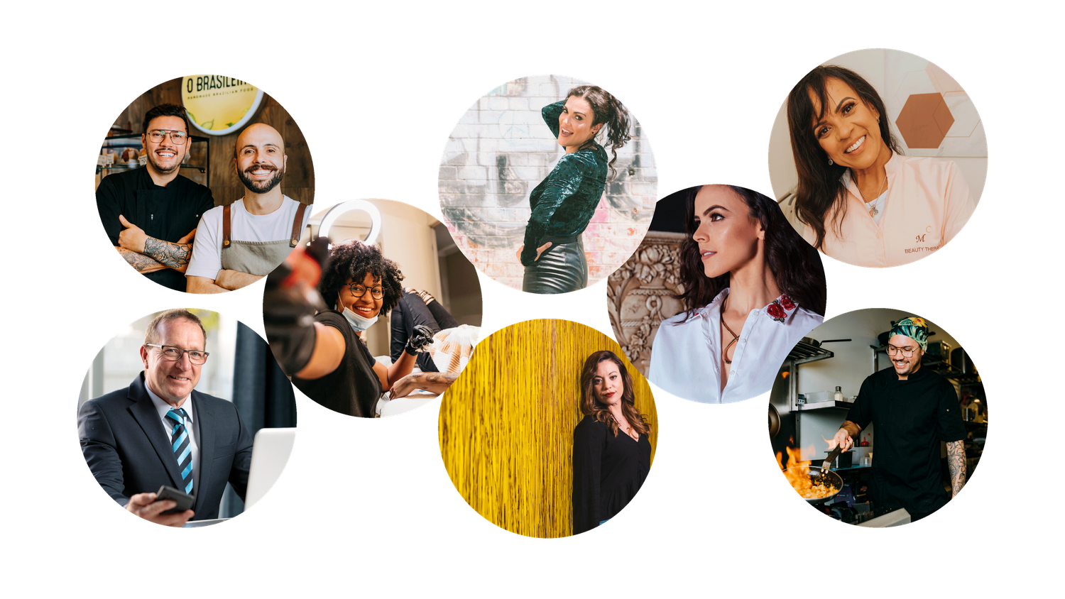 Collection of candid portrait photographs arranged in circular layout.