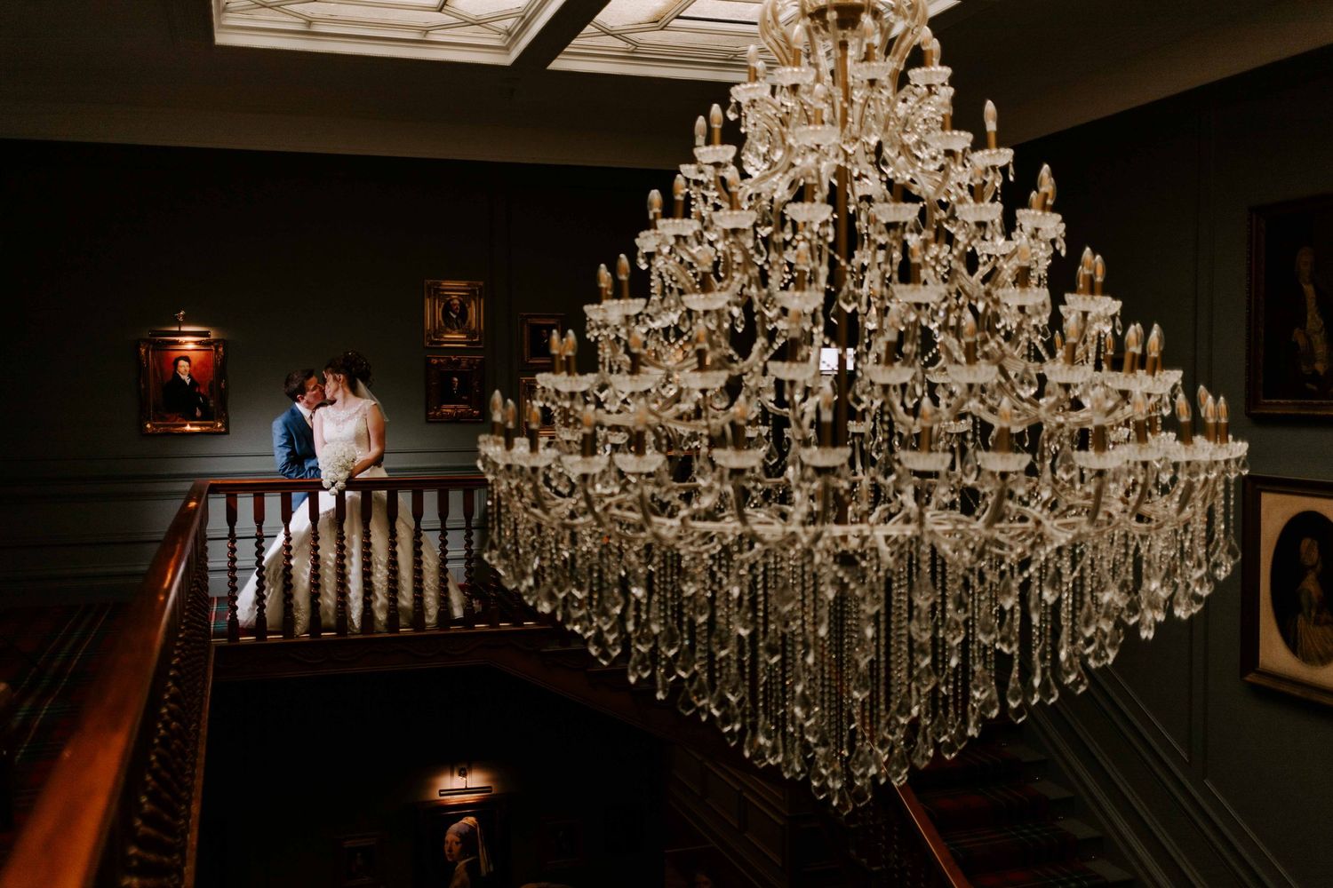 Wedding portrait with Chandelier at Blackwell grange hotel, Darlington