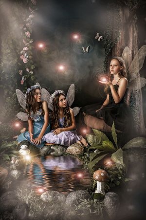 A magical fantasy scene with fairies, glowing lights, and butterflies by a mystical pond.