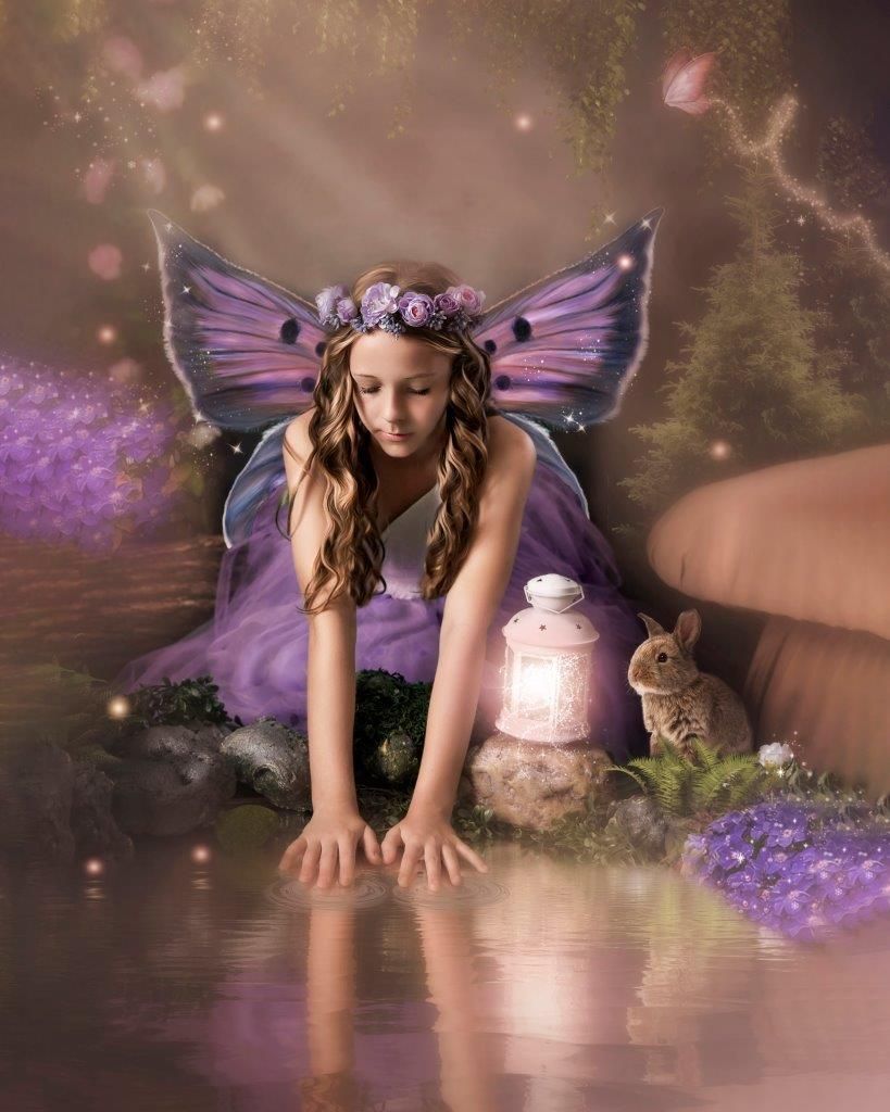 Fairy with purple butterfly wings poses near glowing water in enchanted scene.