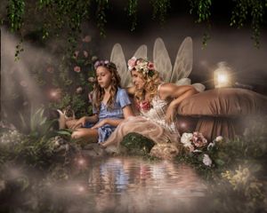 Magical woodland fairy scene with glowing lights and natural elements.