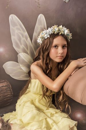 A whimsical fairy photoshoot featuring a yellow dress and floral crown in a dreamy setting.