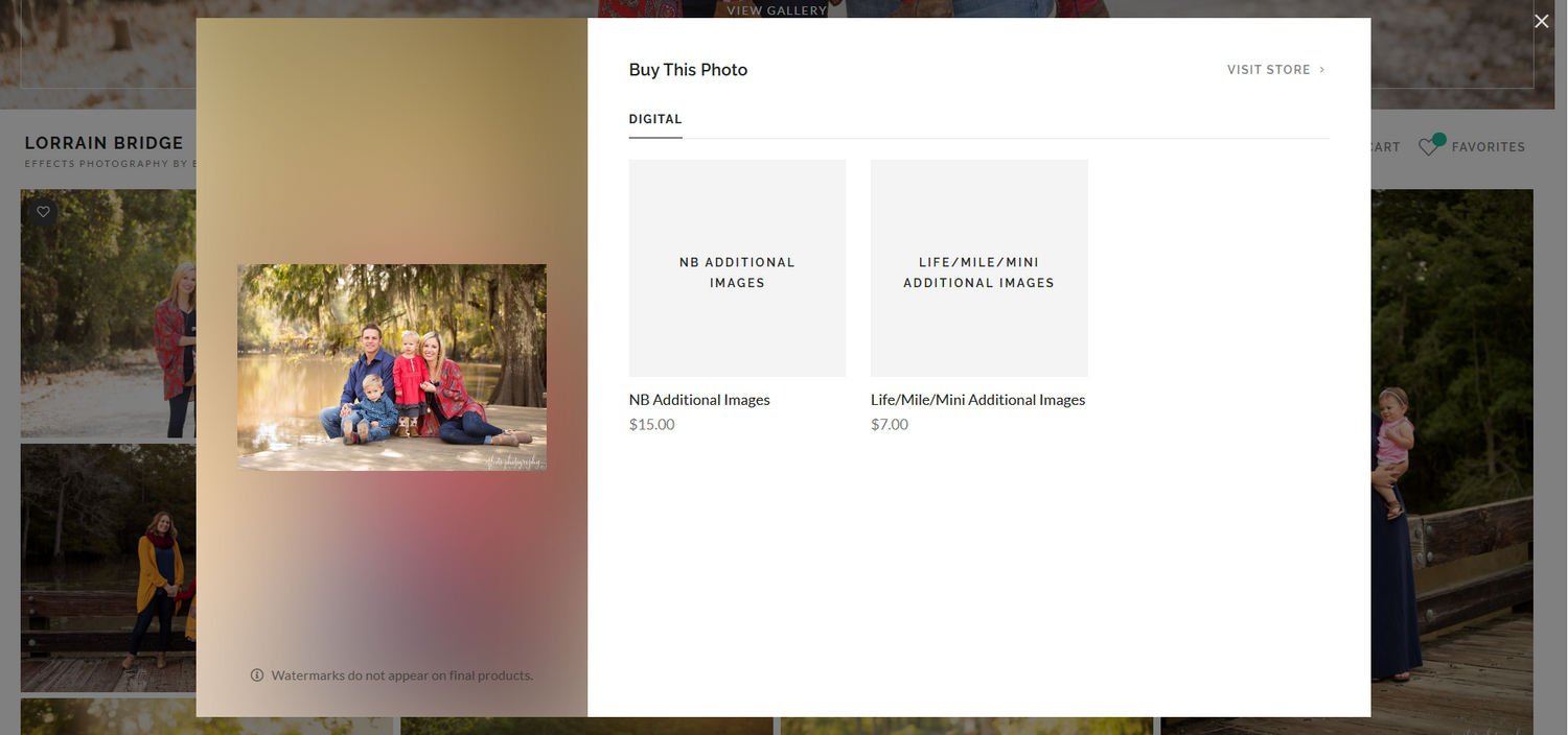 Photography website interface showing image selection and editing options.