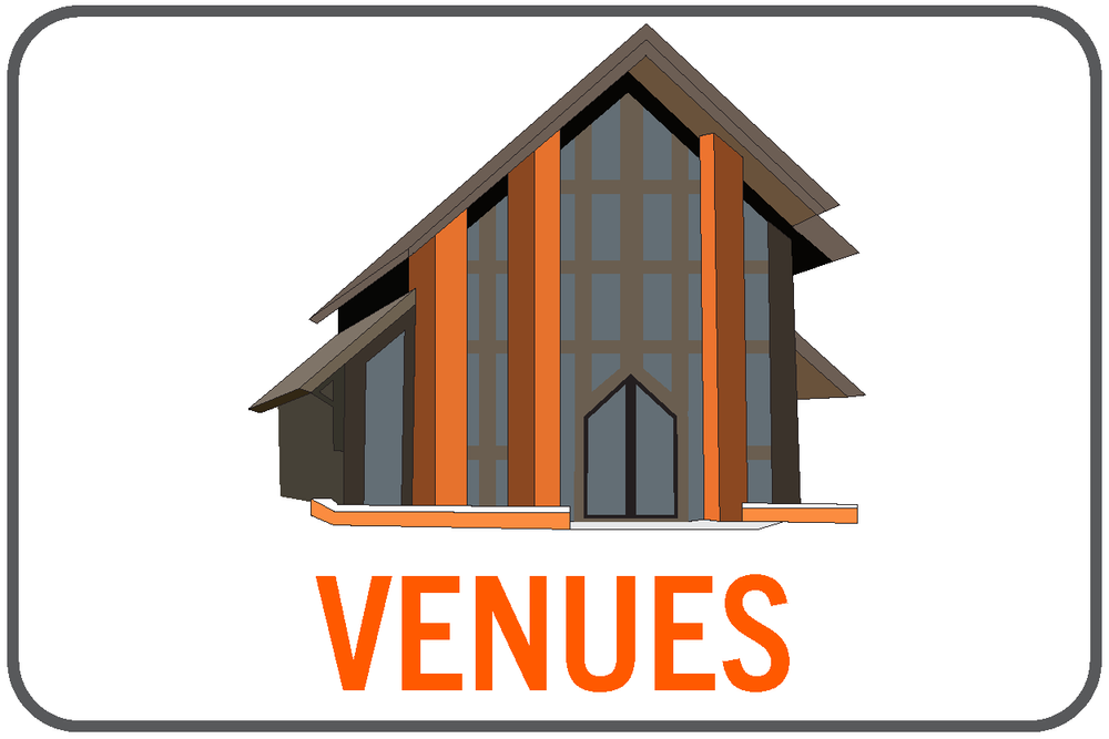Modern venue building icon with orange stripes and text below.