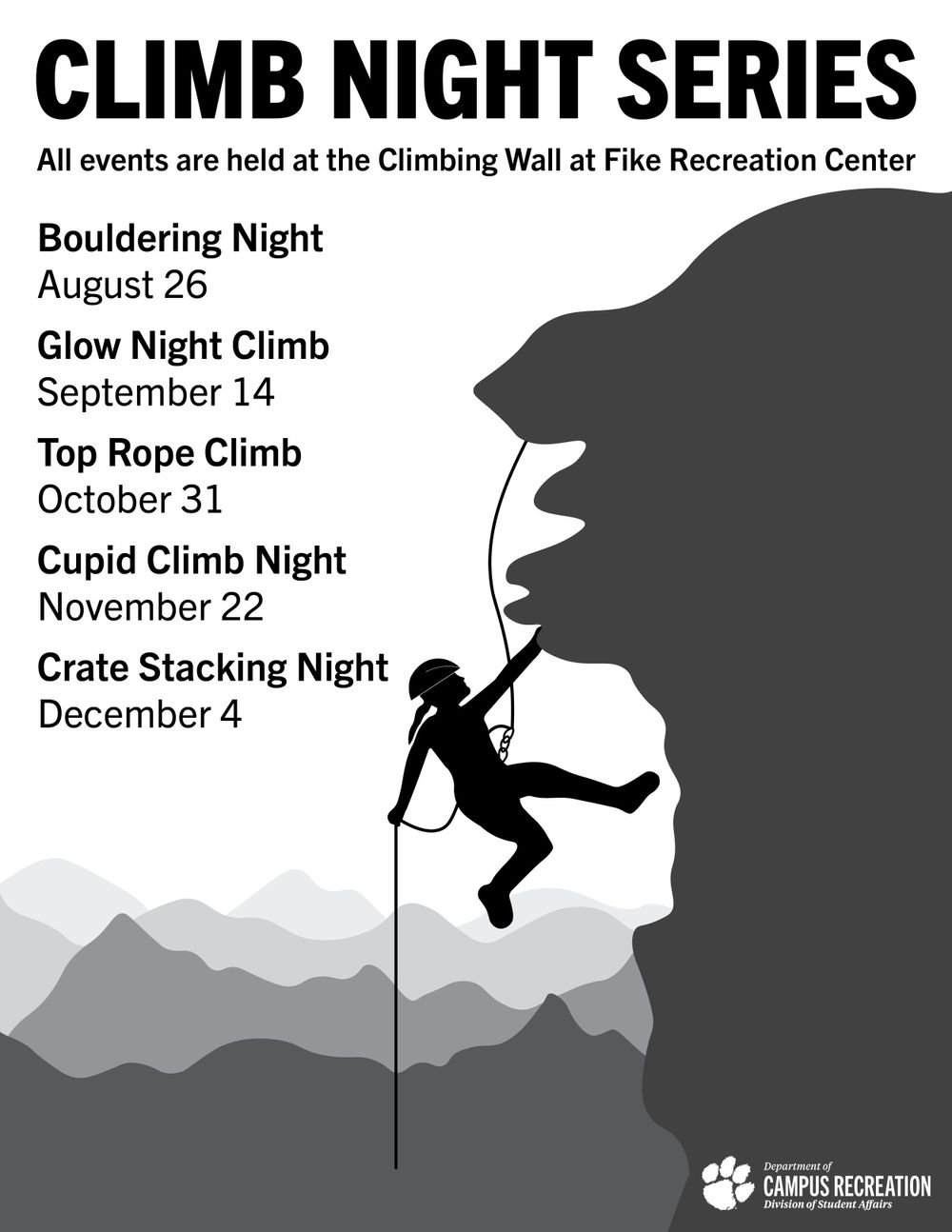 Event poster showing silhouette of rock climber with scheduled climbing nights at Fike Recreation Center.