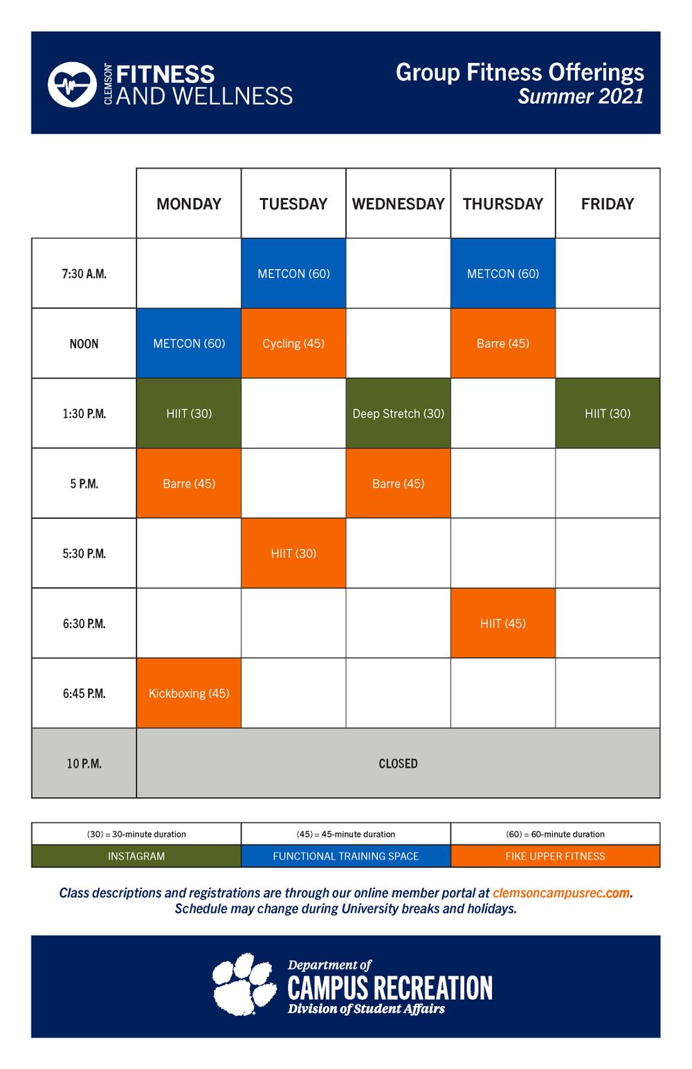 Weekly fitness class schedule grid showing various group exercise offerings for summer 2021.