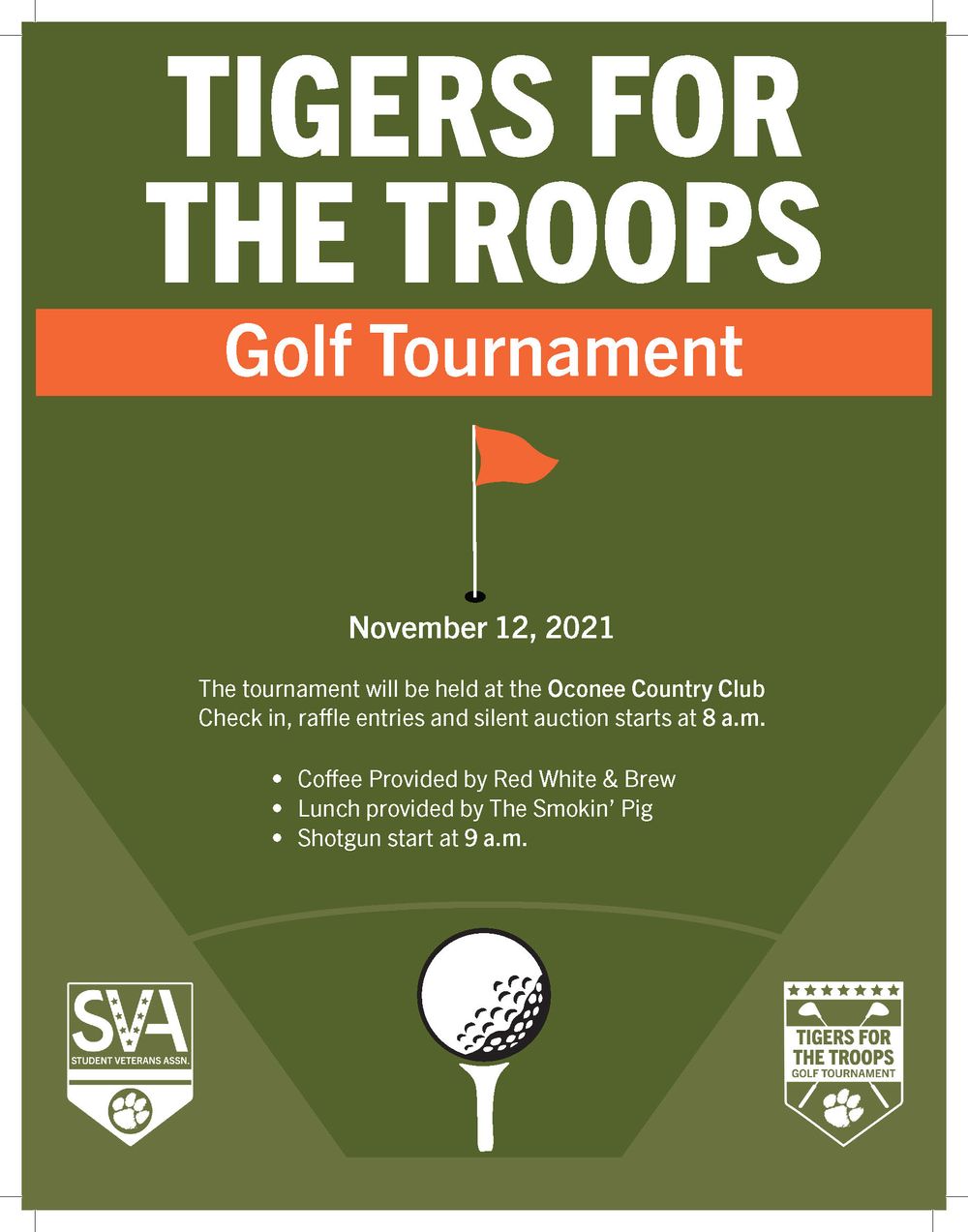 Golf tournament poster for Tigers for the Troops event at Oconee Country Club.