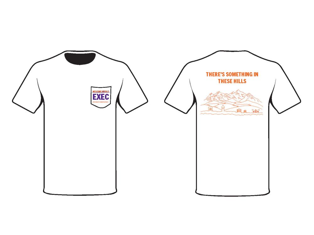 Mock-up design of a white t-shirt with front pocket and mountain scene graphic on the back.