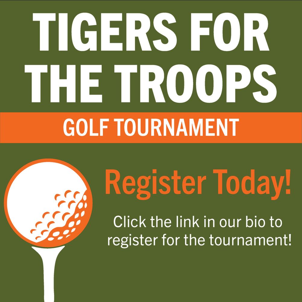 Golf tournament promotional graphic for Tigers for the Troops featuring golf ball icon.