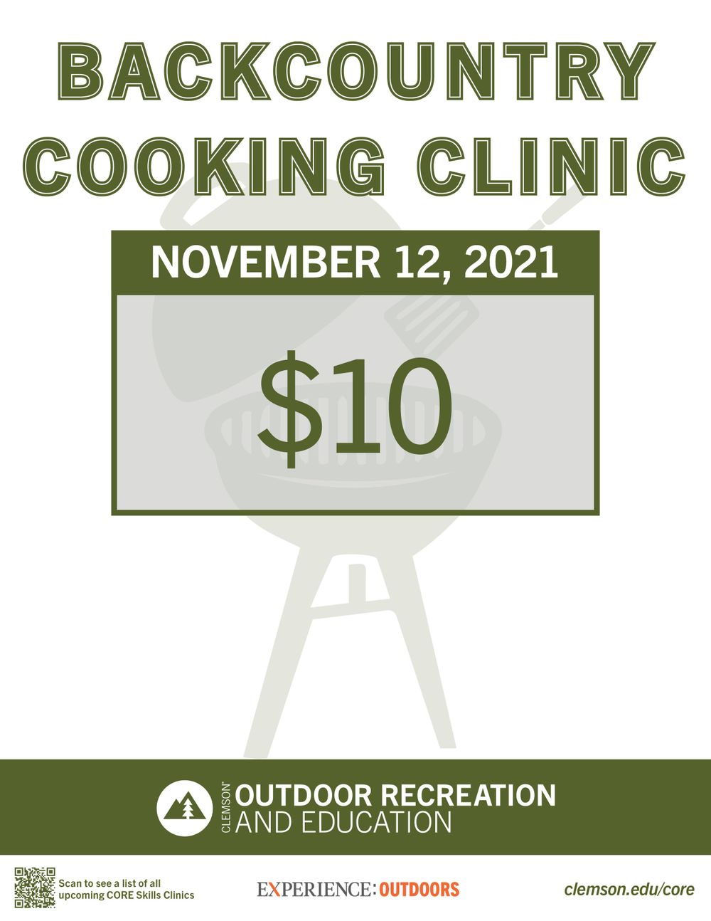 Green promotional flyer for a Backcountry Cooking Clinic event on November 12, 2021 costing $10.