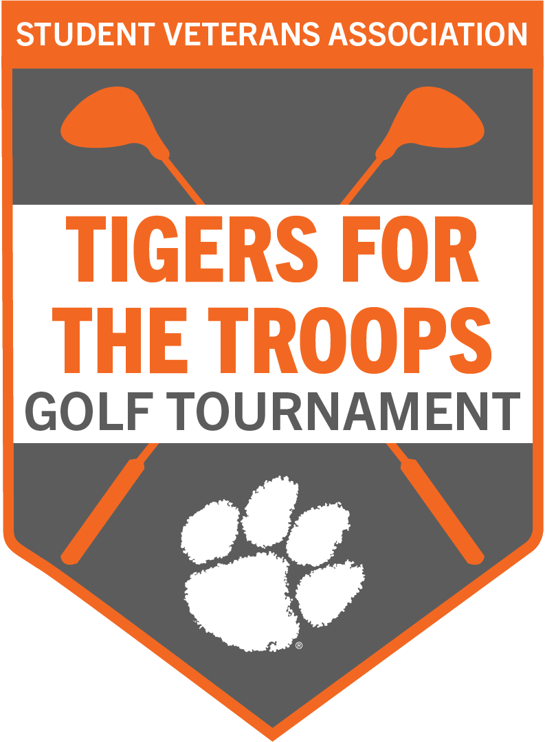 Tigers for the Troops golf tournament logo with crossed golf clubs and paw print.
