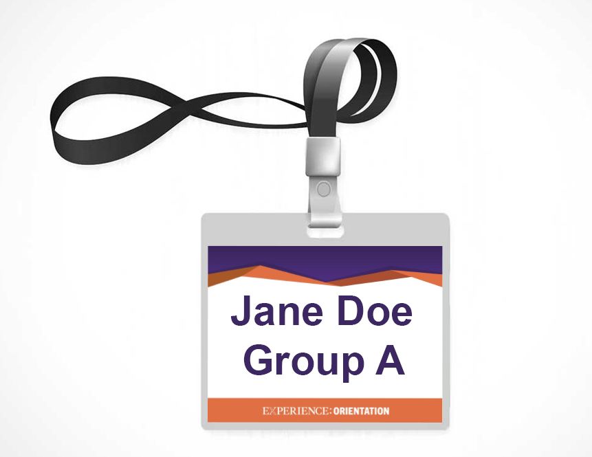 Event name badge with lanyard showing Group A designation in red and blue colors.