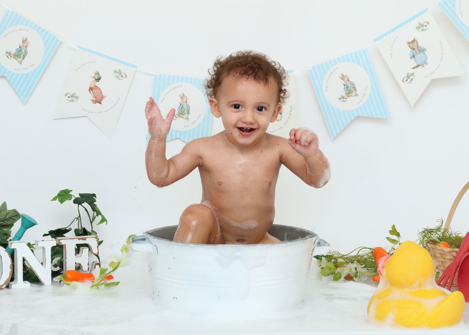 Baby Boy 1st Birthday Bath Splash. Newborn Photographer Tameside