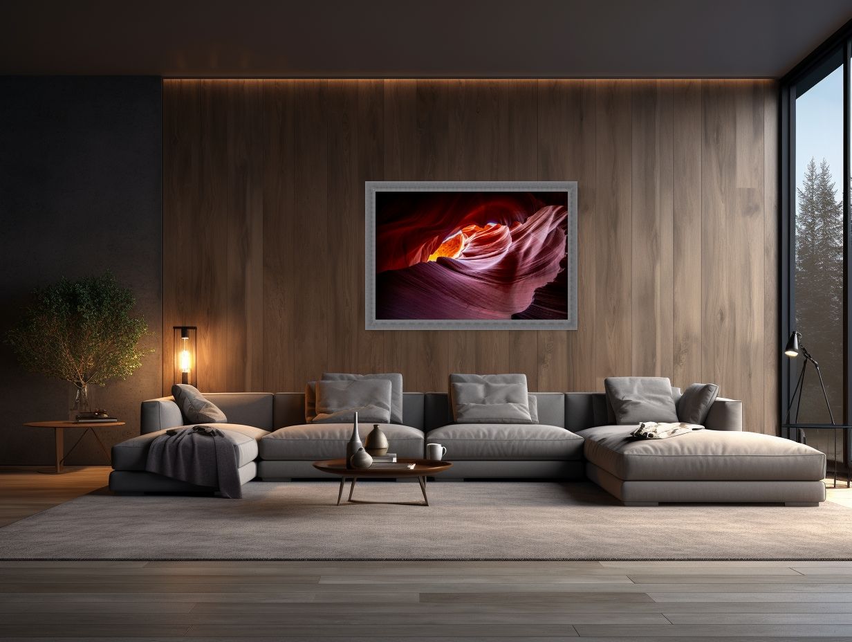 Modern living room interior with grey sectional sofa and red artwork on wood-paneled walls.