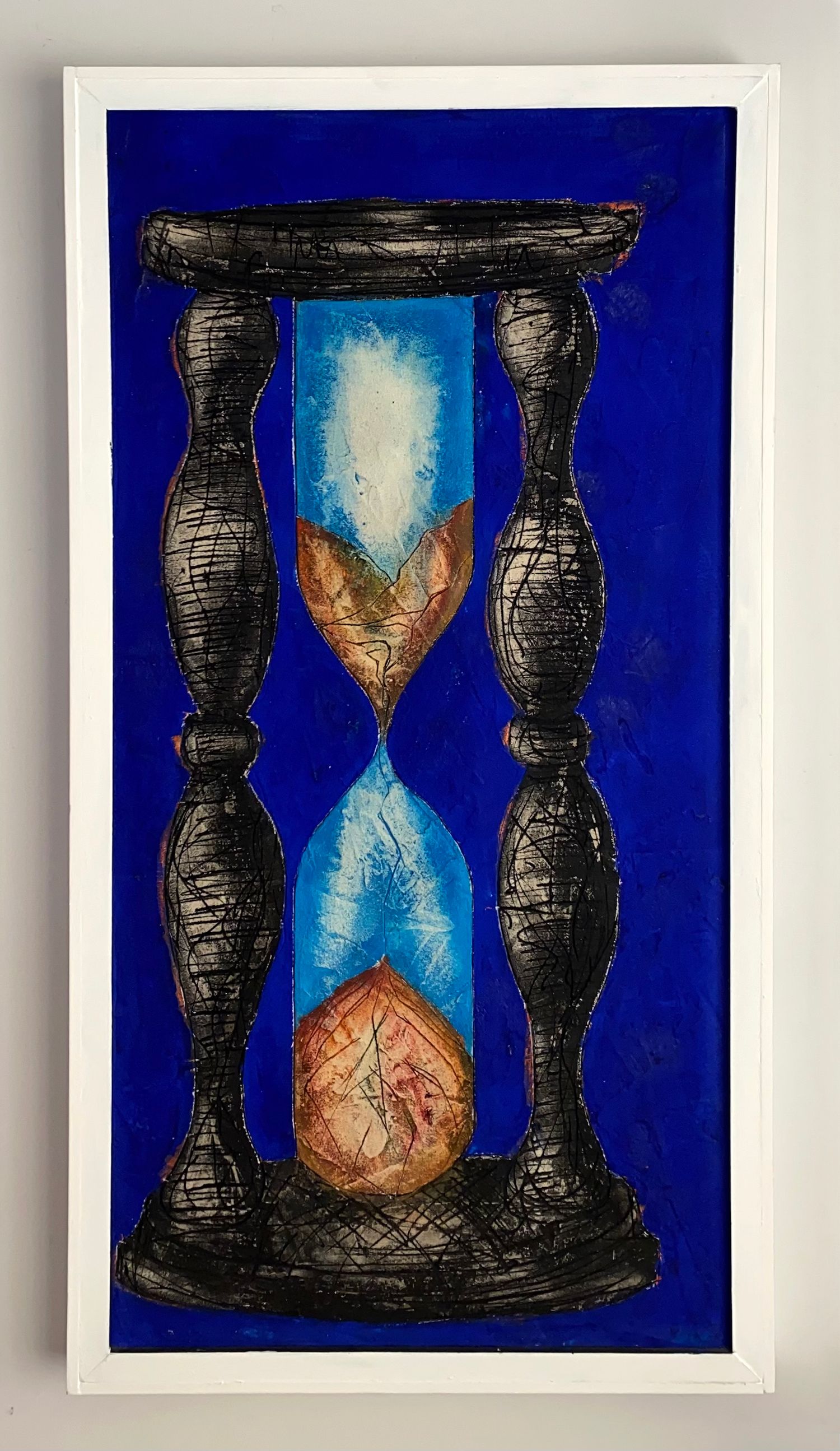'Time' mixed media painting on canvas. Bold and etched hourglass on a royal blue background.