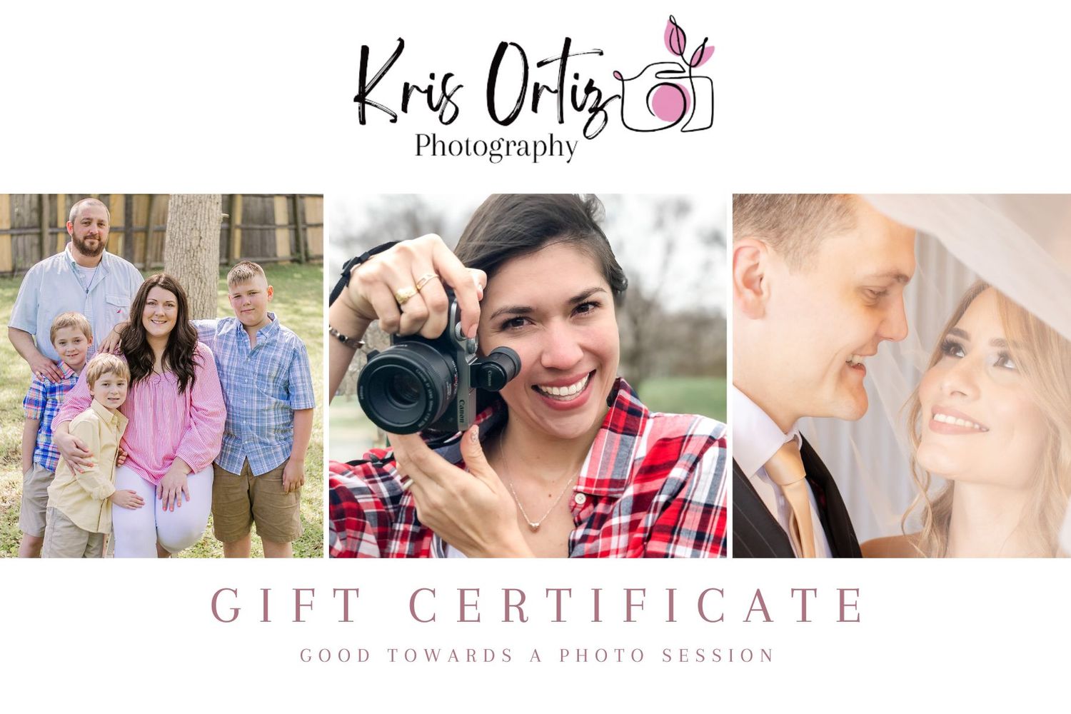 Photography business gift certificate design with sample photos and branding elements.