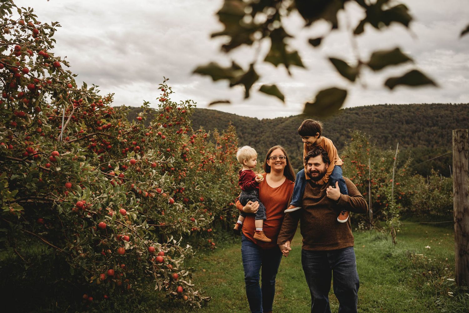 Family enjoying autumn day picking apples in orchard during harvest season.