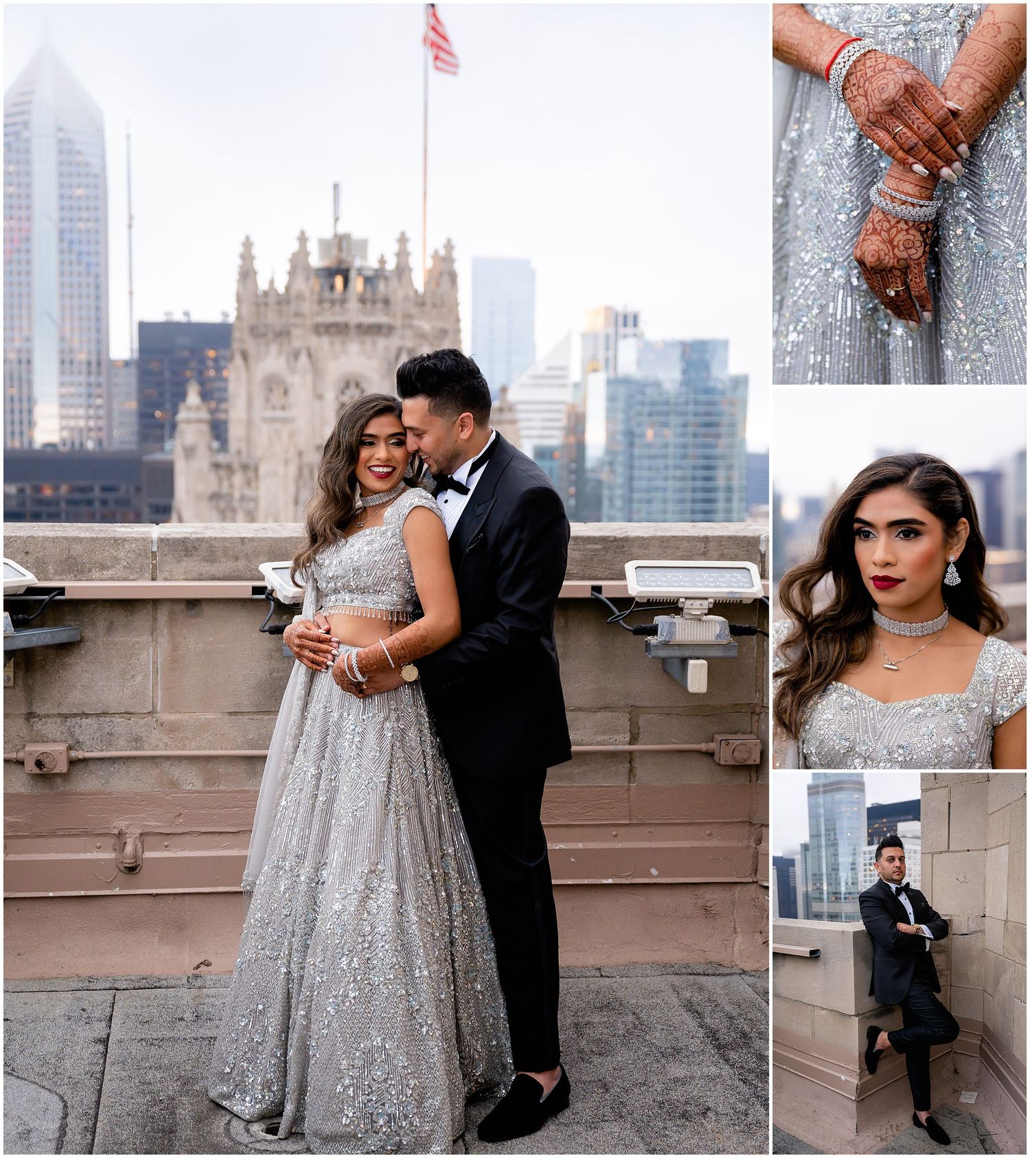 Elegant couple poses on city rooftop wearing formal silver attire against backdrop of gothic architecture and skyline.