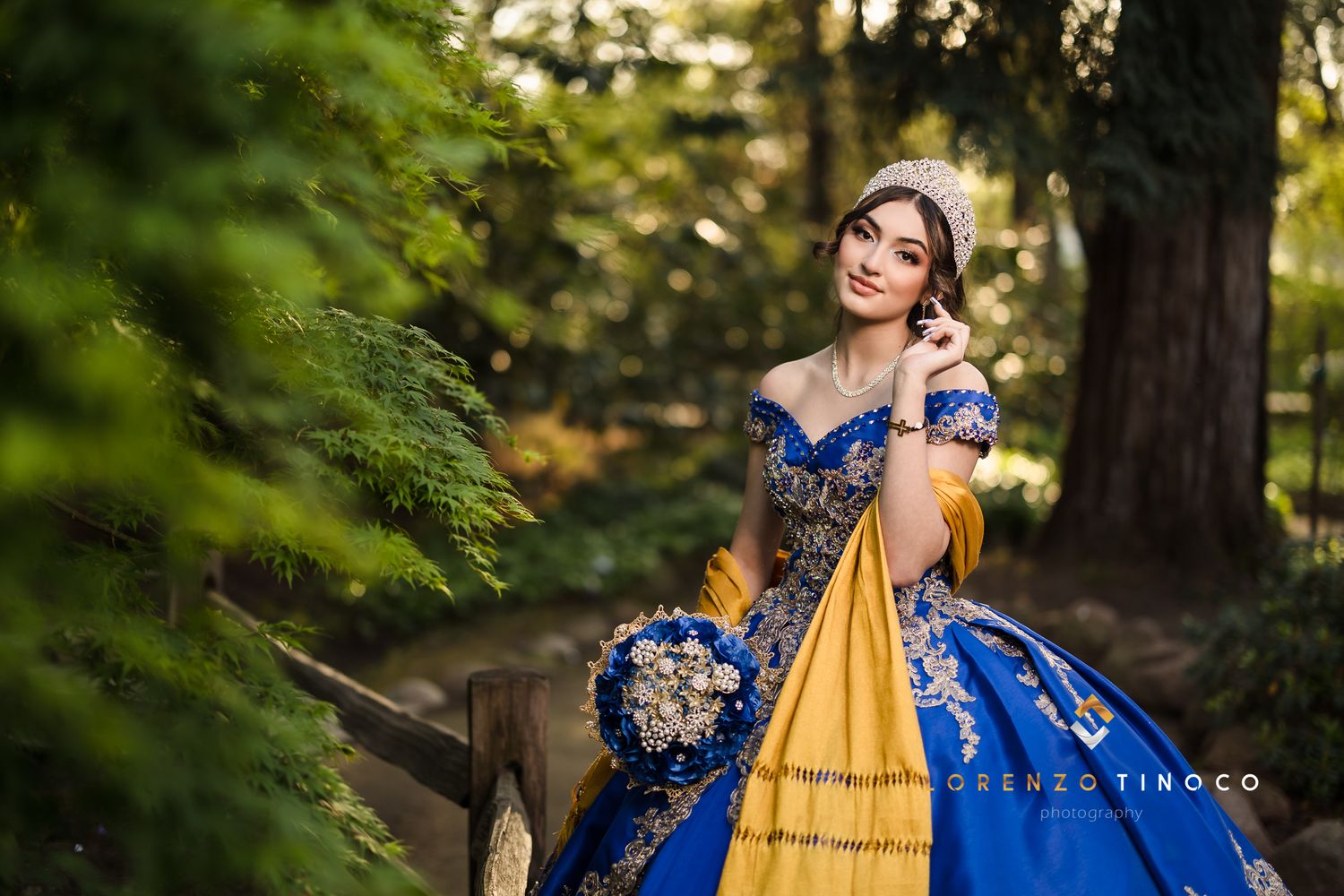 A royal blue and gold ballgown captured in a dreamy forest setting with natural bokeh.