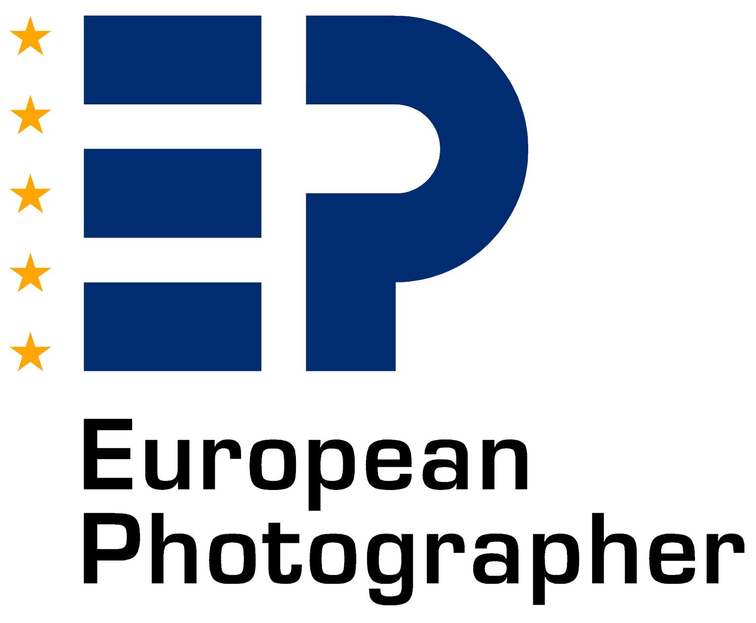 Blue and white logo design for European Photographer with gold stars.