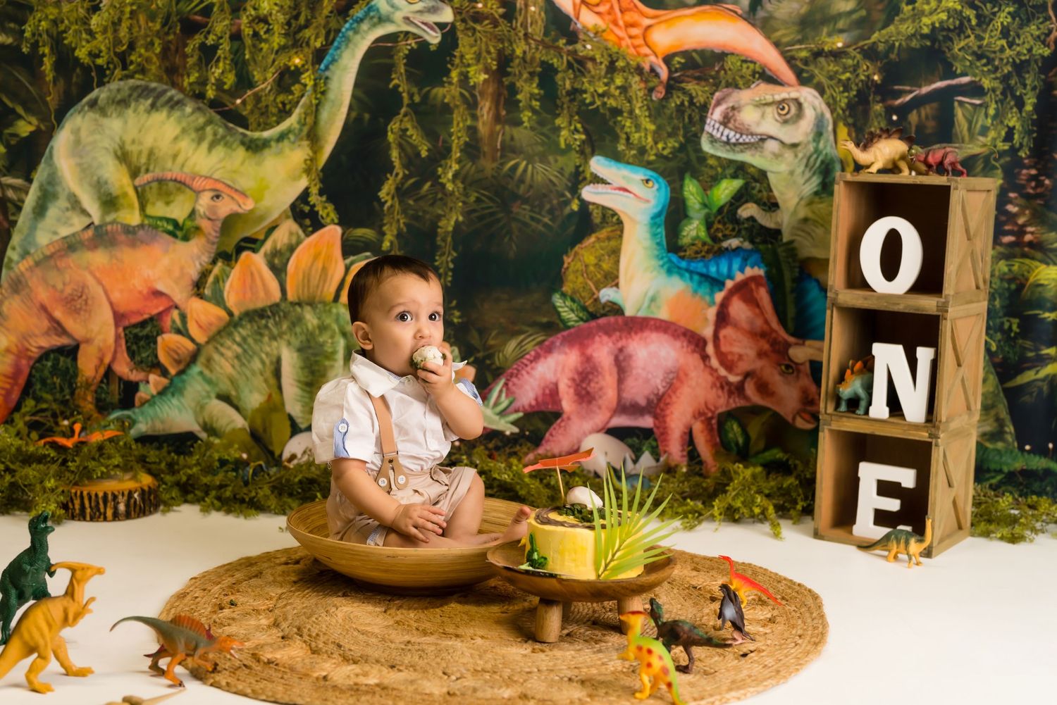 Dinosaur DINO 1st birthday cake smash session in a Bothell studio. Fun, authentic birthday photography by Filling the Frame Photography