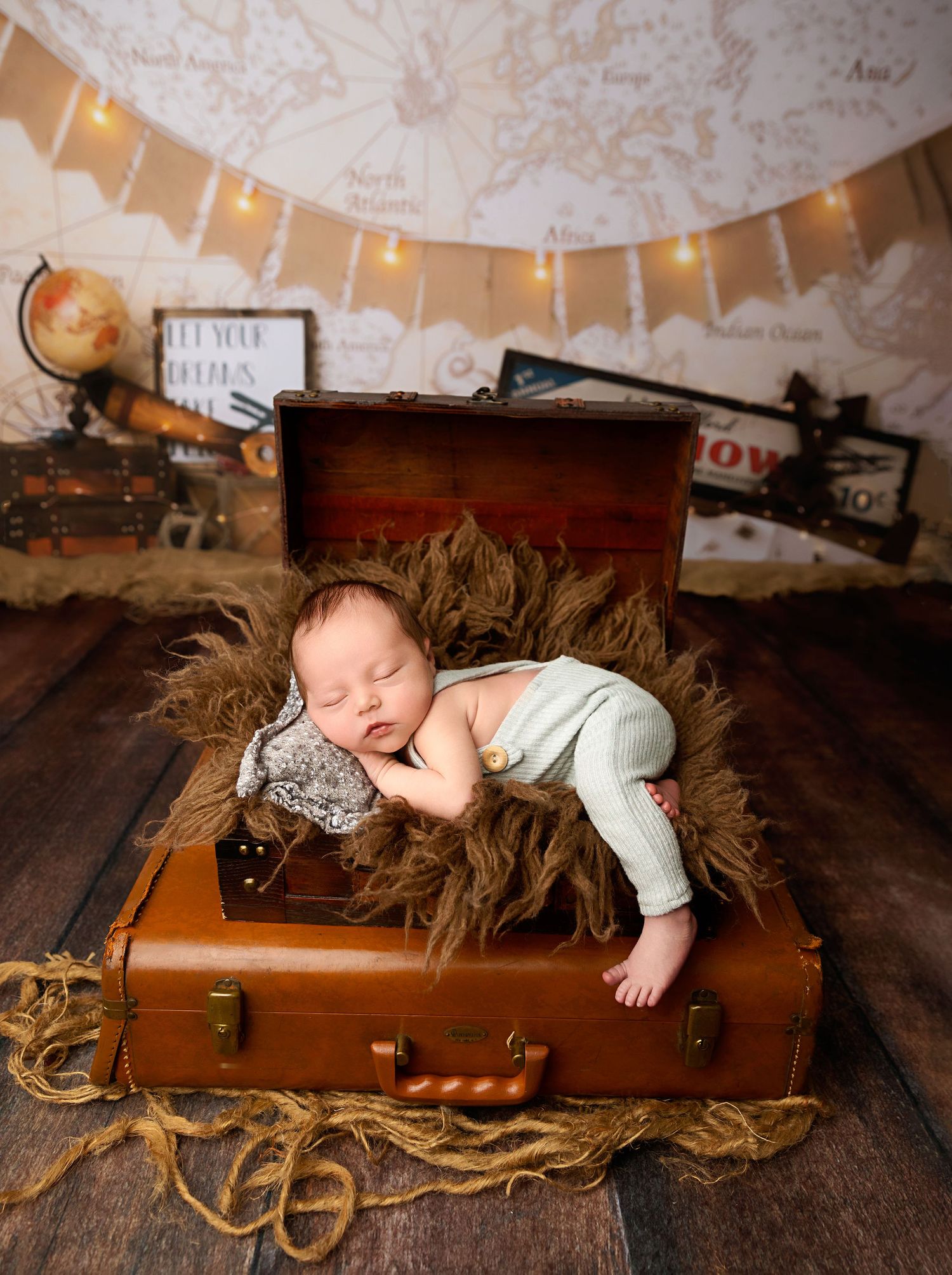 A sleeping newborn baby in sage green pants rests on fur inside a vintage brown suitcase with travel decor.