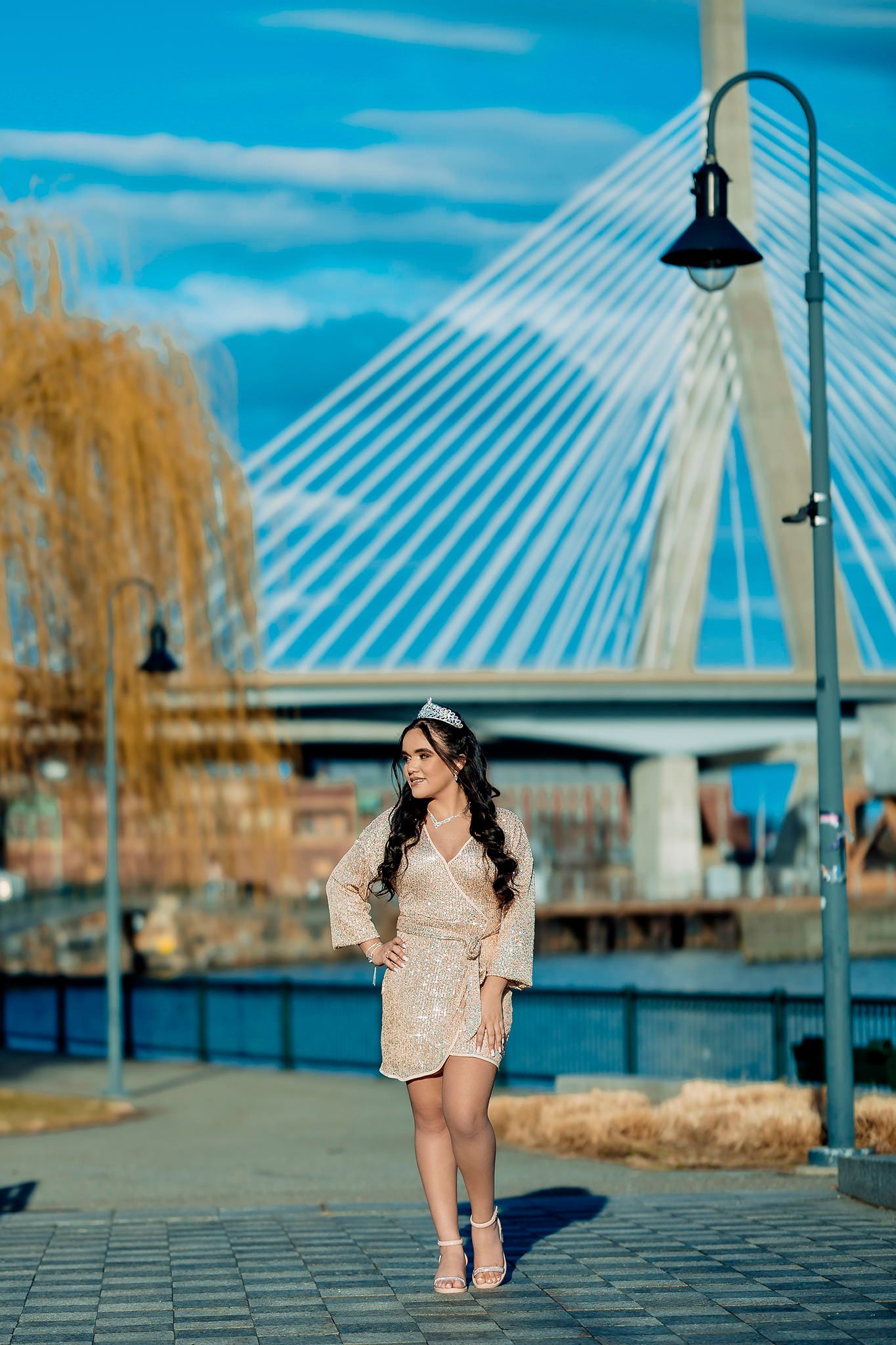 Woman in sparkly dress poses on waterfront with cable-stayed bridge and weeping willow tree in background.