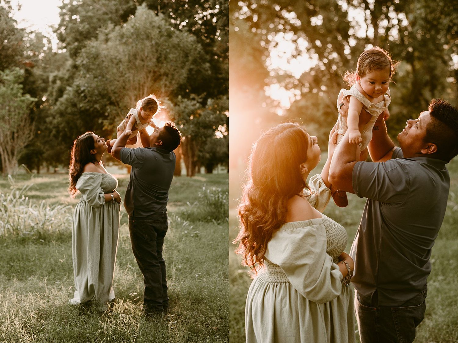 Split image showing playful family interactions during a sunset photo session.