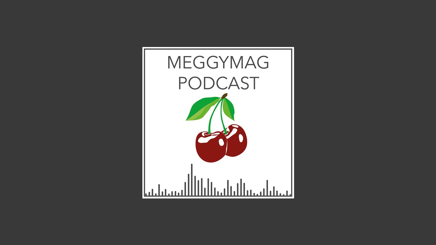 Red cherry logo design for a podcast against a white background with audio waveform pattern.